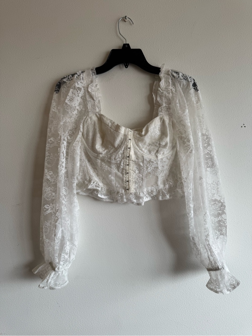 For Love And Lemons Ivory Lace Bustier with Sheer Puff Sleeves - Picture 3 of 4